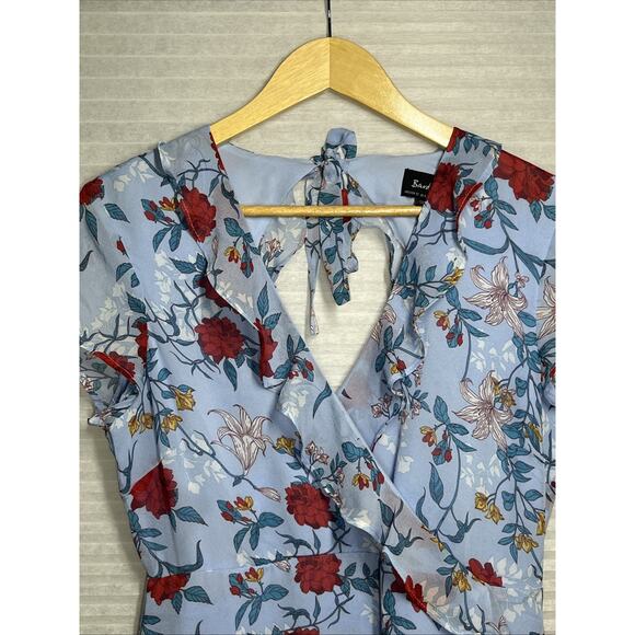 Bardot Mini Wrap Dress Size 8 Blue Red Floral Ruffle Chiffon Cut Out Back V Neck - Picture 3 of 11